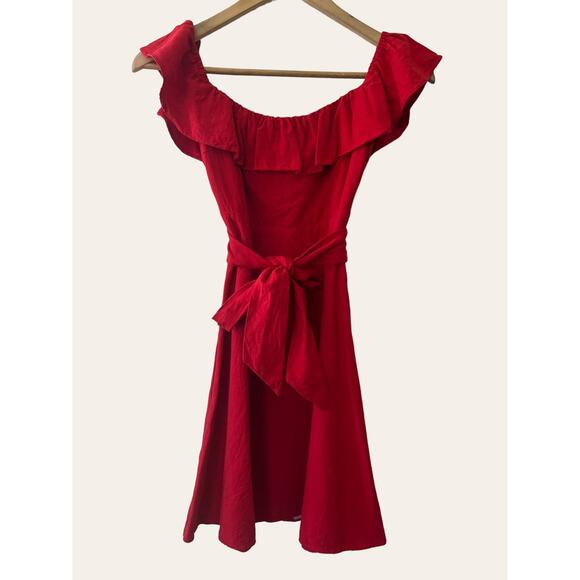 Zara Red Off-The-Shoulder Ruffle Smocked A-Line Belted Mini Dress Size XS - Picture 1 of 6
